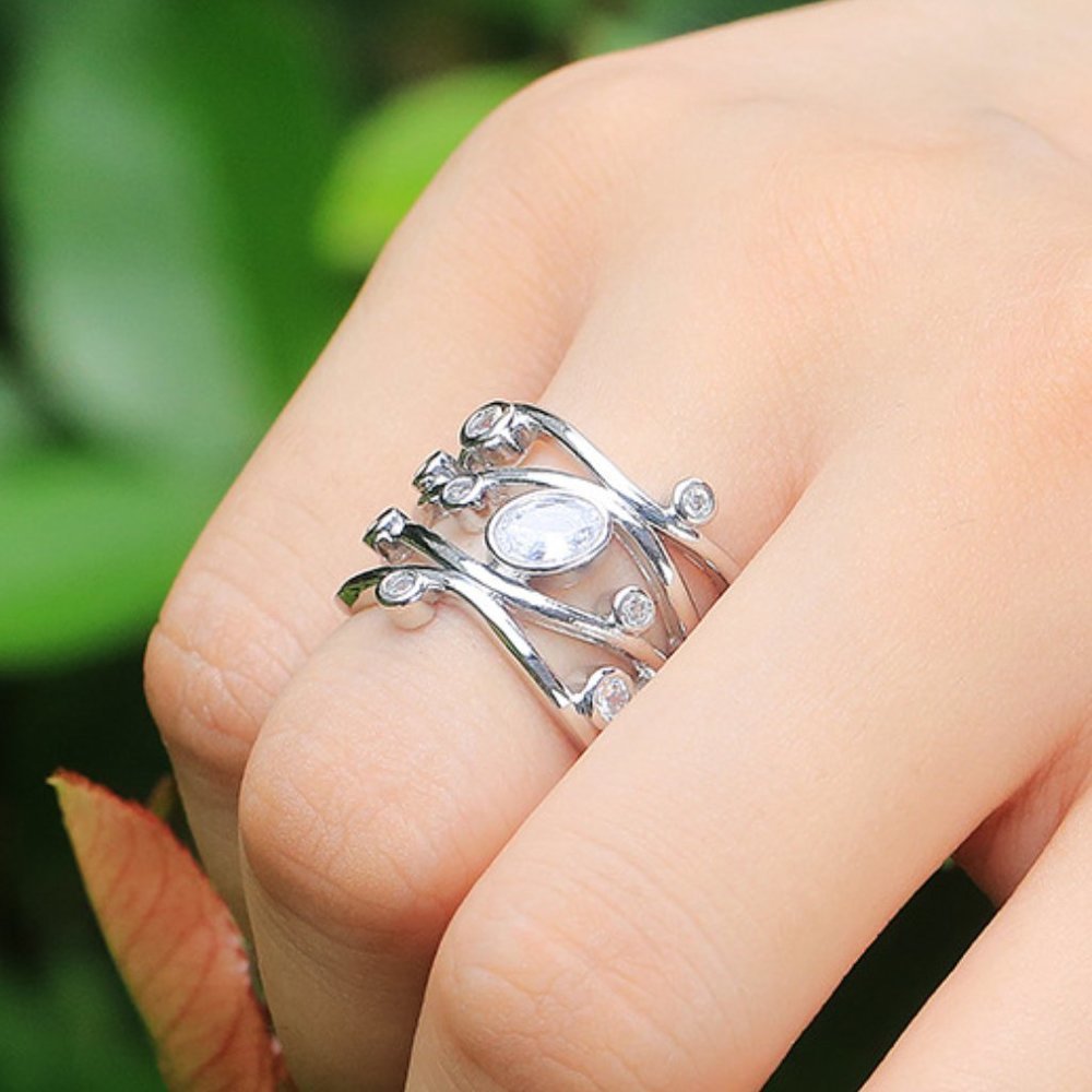 💞 Multi Layer Stackable Wave Water Drop White Oval Zircon Rings Women, PD225 - Picture 4 of 6
